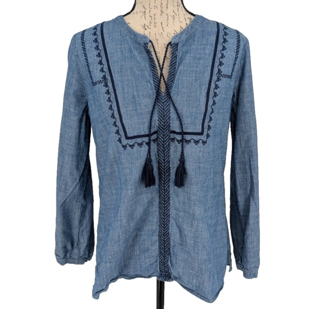 J.Crew MERCANTILE Blouse Med Blue Cotton Boho Embroidery Tassels
